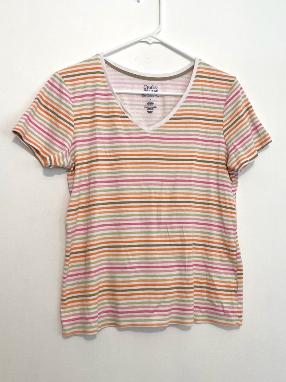 CROFT & BARROW Classic Tee White Orange Pink Stripe Short Sleeve V-Neck T-Shirt